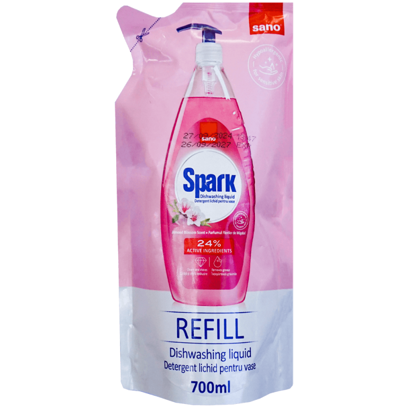 Detergent lichid, rezervă, pentru vase Sano Spark migdale, 700 ml